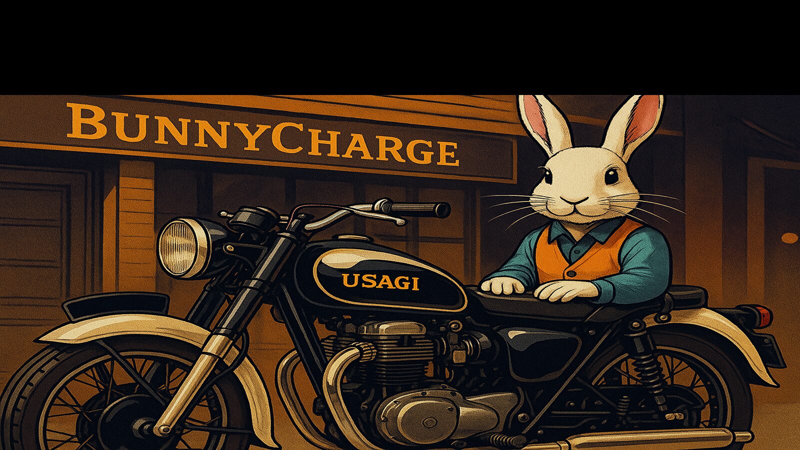 整備士風のウサギがクラシックバイクと並ぶ、BunnyChargeの看板前のイラスト